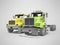 3d render group yellow and green dump truck isolated on gray background with shadow