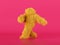 3d render, hairy yellow beast cartoon character walking or dancing, isolated on pink background, active posing. Fluffy plush toy.