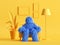 3d render, hairy yeti toy, blue cartoon character monster sits in an armchair inside modern minimal yellow living room.