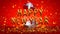 3d render, Happy New Year greeting card, festive text over red background. Golden balloon letters with confetti and bokeh lights