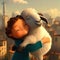 3D Render of A Happy Sheep Girl Hugging A Sheep Celebrating Eid Al Adha Feast