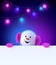 3d render, happy snowman, christmas cartoon character, wearing furry headphones, holding blank banner, hiding behind, neon lights