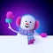 3d render, happy snowman, christmas cartoon character, wearing furry headphones, holding blank banner, waving hand, neon lights,