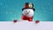 3d render, happy snowman holds blank banner, gold glitter confetti over the blue background. Christmas greeting card template with