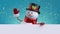 3d render, happy snowman waving hand, holds white paper, gold glitter confetti over the blue background. Christmas greeting card
