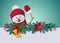 3d render, happy snowman waving hand, smiling, Christmas greeting card template, blank banner, copy space, page corner, mint back