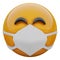 3D render of happy yellow emoji face in medical mask protecting from coronavirus 2019-nCoV