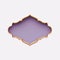 3d render, horizontal gold arabic frame, ornate shape, light violet, lilac, arabesque design, empty banner, greeting card template