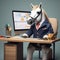 3D render of horse wearing suit and sitting at the office table