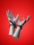 3d render, human hands tied with black plastic zip ties, isolated on red background. Human rights, repression concept.