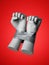 3d render, human hands tied with tape, isolated on red background. Fists of anger. Captured hostage. Constrained freedom.