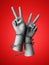 3d render, human hands wrapped with barbwire, isolated on red background. Victory gesture political statement. Never give up.