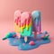 3d render of ice cream popsicles with splashes of blue and pink paint.