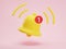 3d render icon of glossy yellow notification bell with one new message isolated on pink background. Social media notice