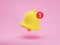 3d render icon of matte yellow notification bell with one new message isolated on pink background. Social media notice