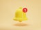 3d render icon of yellow notification bell with one new message isolated on orange background. Social media notice event