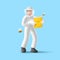 3d render illustration of beekeeper holding honeycombs with honey and bees flying around him, man a protective uniform