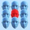 3d render illustration of blue colored human faces with red colored one