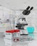 3D render illustration. Laboratory glassware with laboratory mic