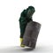 3D render illustration of a man wearing a protective chemical suit carrying a barrel