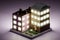 3D render illustration of multistory residential building at night. Isometric view