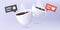 3d render illustration of two cups with coffee in banner composition with social media icons of like