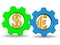 3D Render illustration of two gear wheels system with dollar and euro signs, stock photo