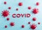 3d render illustration. Volumetric red inscriptione COVID and 3d model virus  . Concept, template design layout for combating the