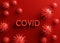 3d render illustration. Volumetric red inscriptione COVID and 3d model virus on a red background . Concept, template design layout