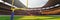 3D render image of american football stadium with yellow goal post, grass field and blurred fans on background