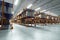 3D render Industrial racks, pallets, boxes, shelves with goods in huge storage rooms. Warehouse equipment, automotive warehouse,