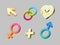 3d render, isolated icons set, love and relationship concept, gender signs, man woman symbols, golden design elements