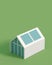 3d render of an isometric house, with solar panels. The icon of a smart ecological house on a green empty background.