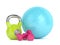 3d render of kettlebell, fitness ball and dumbbells