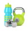 3d render of kettlebell, sport bottle and dumbbells