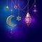 3d render, lantern stars ornate crescent, hanging on golden chains, glowing light, arabic traditional decor, Ramadan Kareem