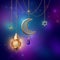 3d render, lantern stars ornate crescent, hanging on golden chains, glowing light, arabic tribal decor, Ramadan Kareem