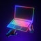 3d render laptop notebook human hands. Electronic device isolated on ultra violet background, illuminated with colorful neon light