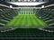 3D render of a large capacity soccer - football Stadium with an open roof and green seats