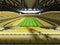 3D render of a large capacity soccer-football Stadium with an open roof and yellow seats