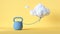 3d render, levitating cloud is leashed with heavy weight, isolated on yellow background. Modern minimal scene. Limited freedom