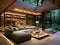 3D render of a loft luxury library in a modern villa with leather armchair and epic forest view through panoramic