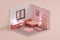 3D render low poly of modern bedroom with glowing lamps and pink color, isometric view