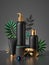 3d render, luxurious black cosmetic bottles with golden caps isolated on dark background, gold mask, tropical leaves.