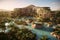 3D render of a luxurious hotel or resort, showcasing pristine beaches, sparkling pools, lush gardens, and elegant accommodations,