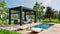 3D render of luxury outdoor terrace with swimming pool and pergola