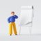 3d render. Man cartoon character thinking, trying resolve the problem, standing near the presentation board. Blank mockup.