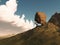 3D render of a man pushing a rock up a mountain