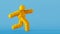 3d render, man wearing yellow halloween costume, pixel cartoon character walking or running. Isolated on blue background, active