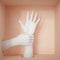 3d render, mannequin body parts isolated on peachy background inside square box, white artificial female hands shop display.